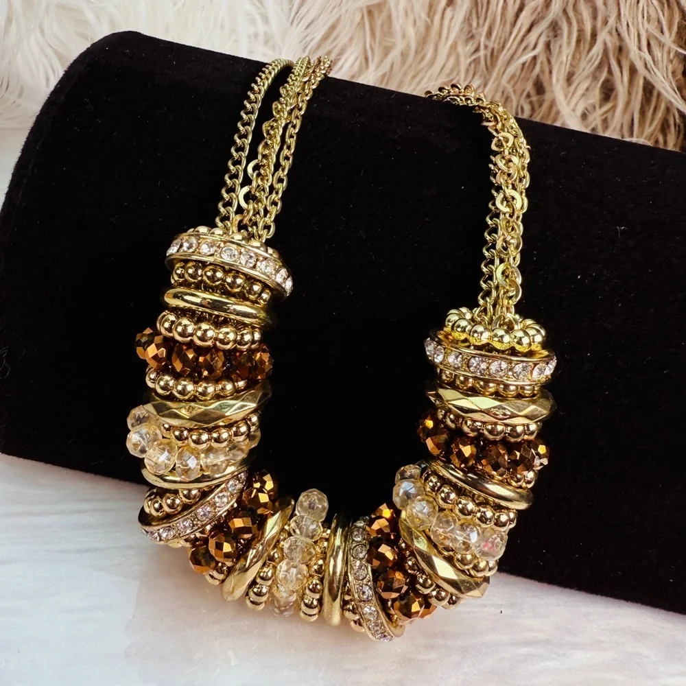 Vintage Goldtone and Brown Blingy Statement Necklace